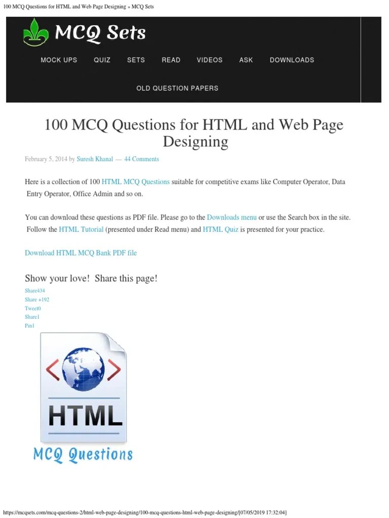 100 MCQ Questions for HTML and  Page Designing Show your love