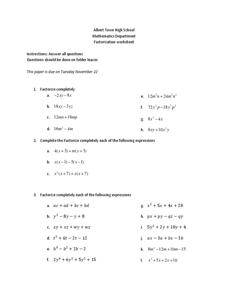 Factorization Worksheet PDF PDF Teaching Mathematics