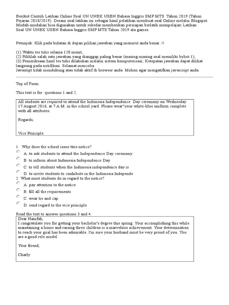 Latihan Soal Un Smp 2019 Bahasa Inggris Kunci Ujian