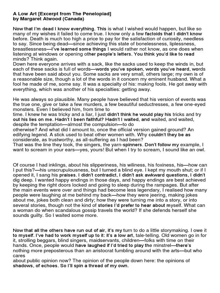 A Low Art [Excerpt from The Penelopiad] by Margaret Atwood (Canada)