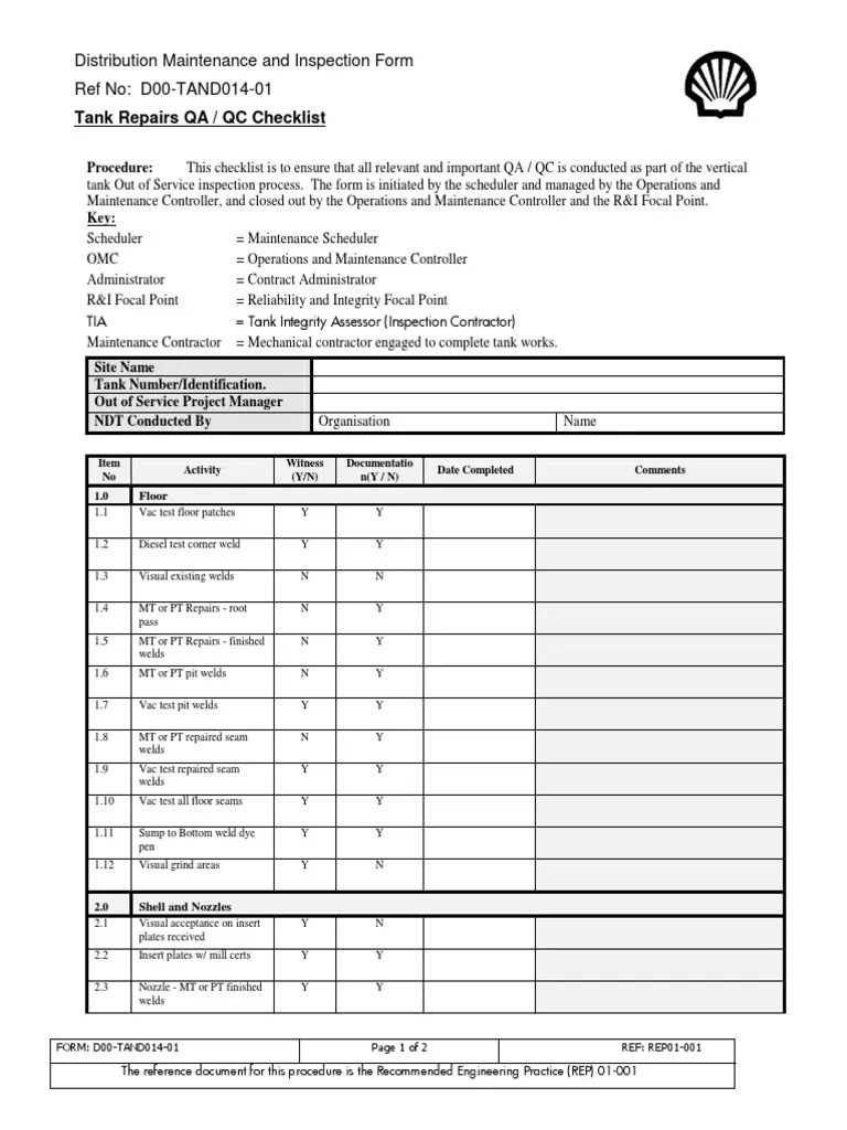 Tank Repairs QA / QC Checklist Distribution Maintenance and Inspection