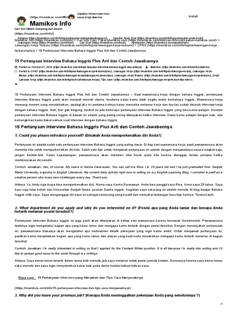 19 Pertanyaan Interview Bahasa Inggris | PDF