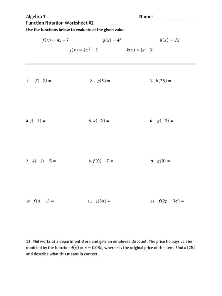 Function Notation Worksheet 2 PDF