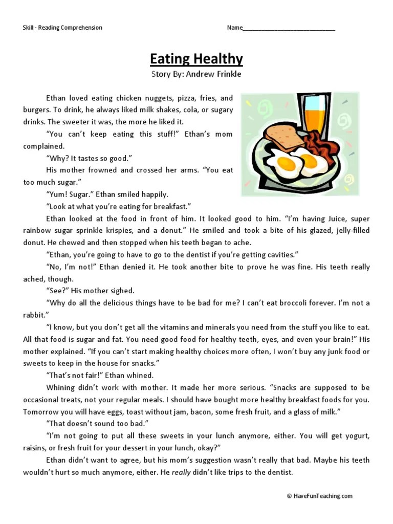 Eating Healthy Second Grade Reading Comprehension Worksheet Lunch Candy