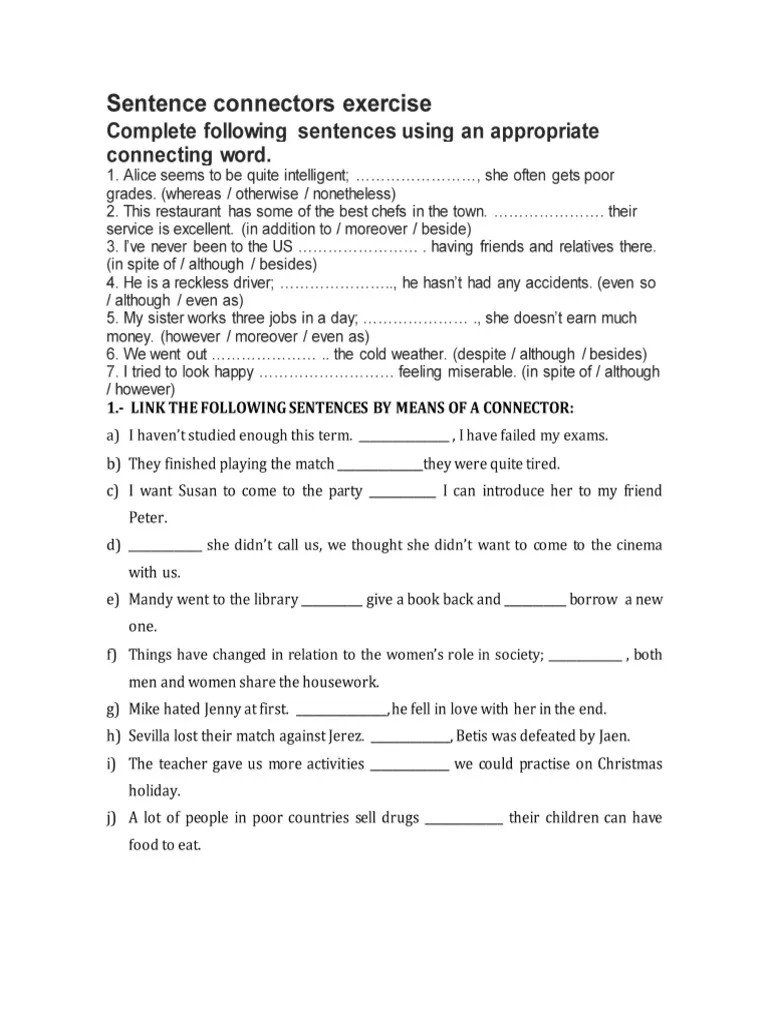 Sentence Connectors Exercise PDF