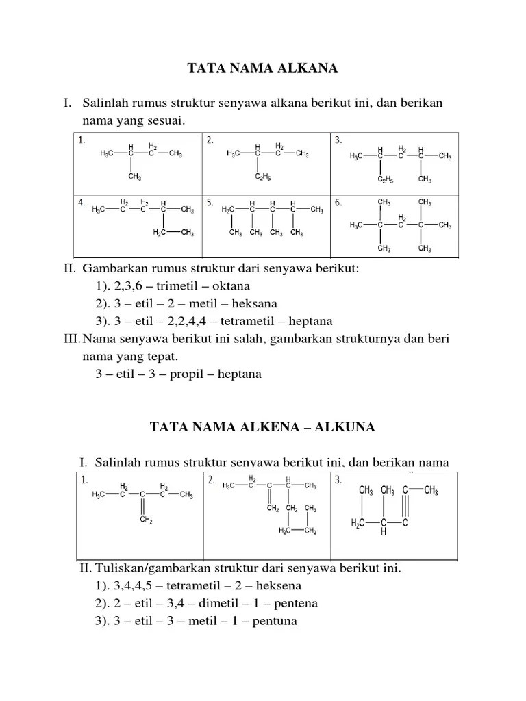 Soal Tatanama Alkana Alkena Alkuna | PDF
