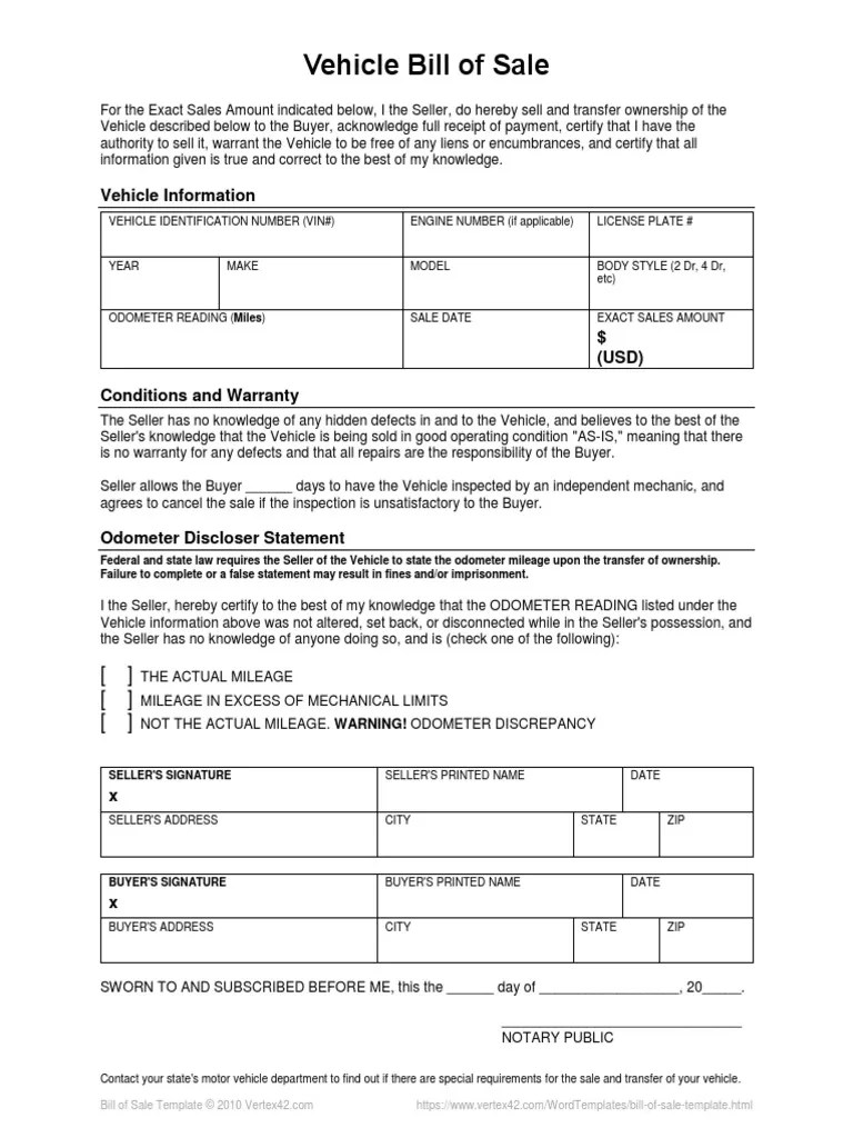 Vehicle Bill of Sale Bill Of Sale Common Law