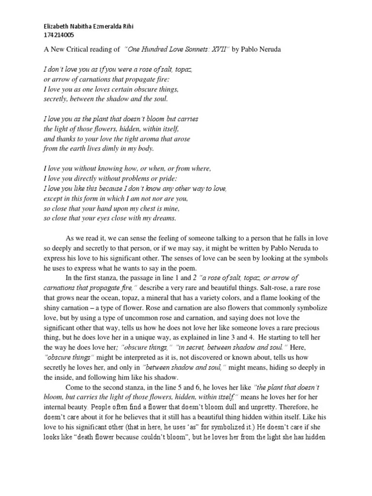 New Critical Reading of "One Hundred Love XVII" by Pablo Neruda PDF Flowers Love