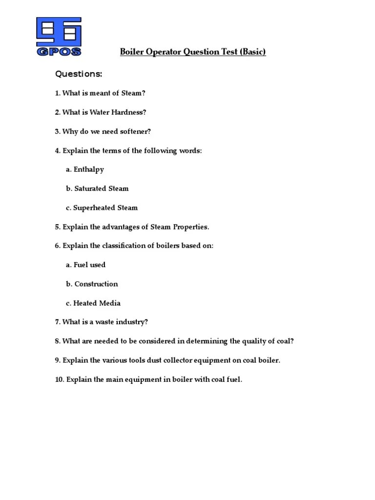 Boiler Operator Question Test (Basic) Questions PDF Boiler Steam