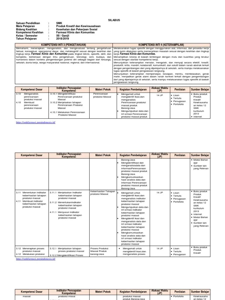 Silabus Pkk Kelas Xii Smk Kurikulum 2013 Revisi 2018 Murid Santuy