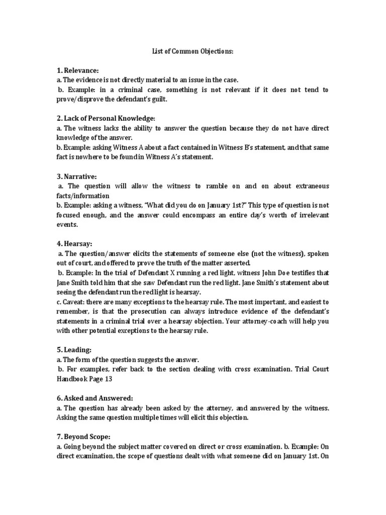 List of Common Objections Hearsay Witness