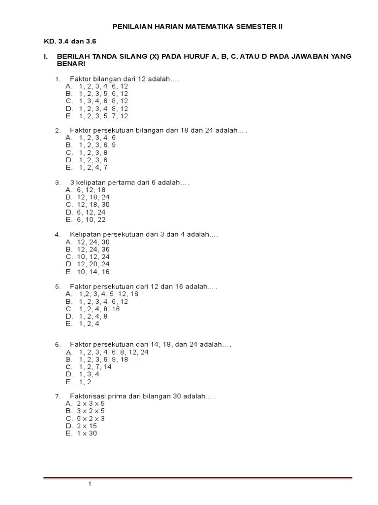 Penilaian Harian Matematika Kelas 4 SD | PDF