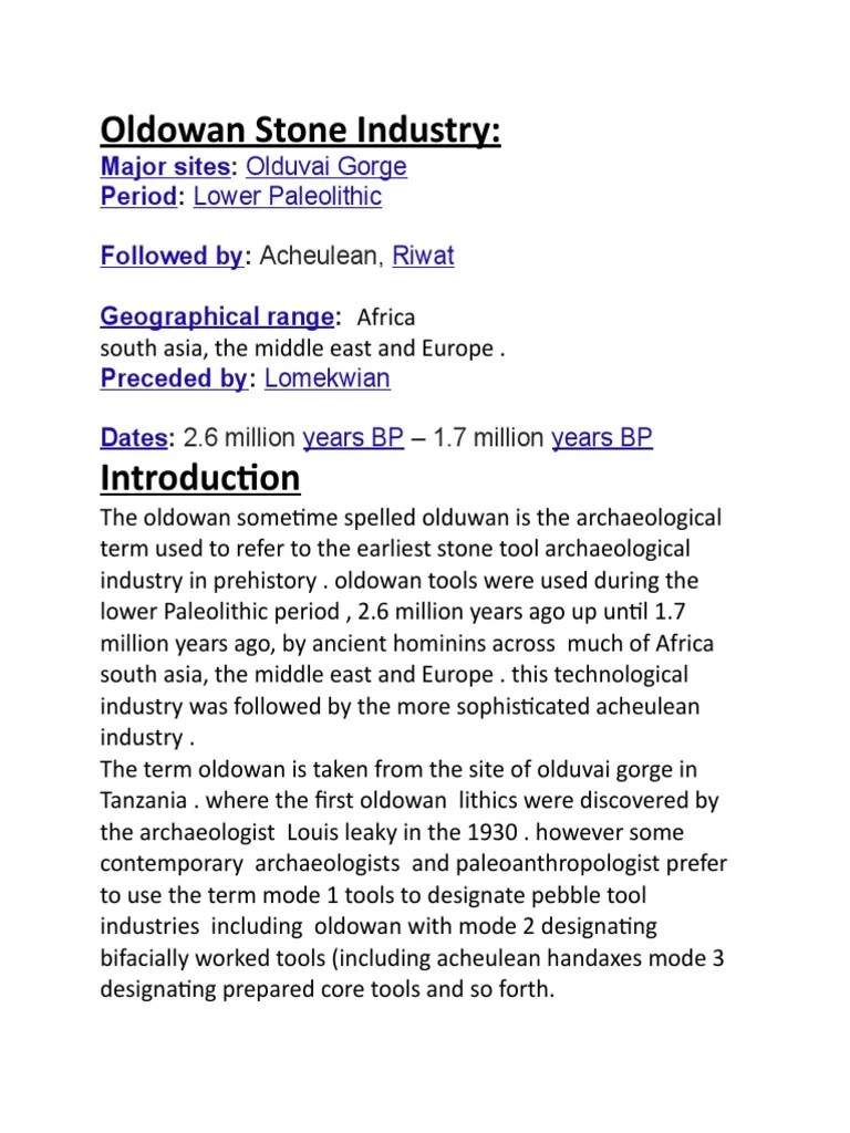 Oldowan Stone Industry PDF Paleolithic Archaeology