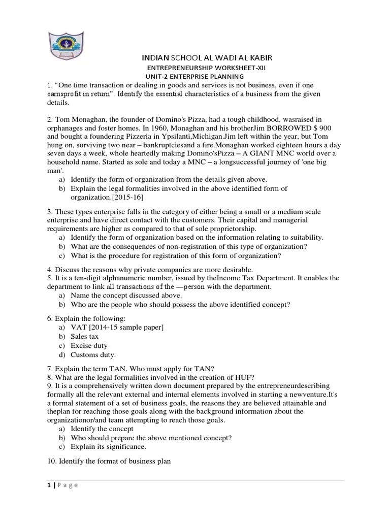 Mastering the Essentials An Analysis of an Entrepreneurship Worksheet Covering Key Business