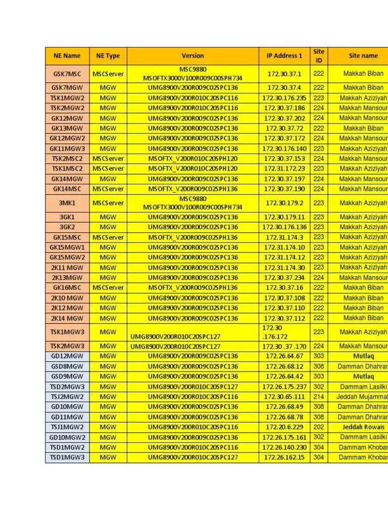 NE Name NE Type IP Address 1 Site ID Site Name PDF
