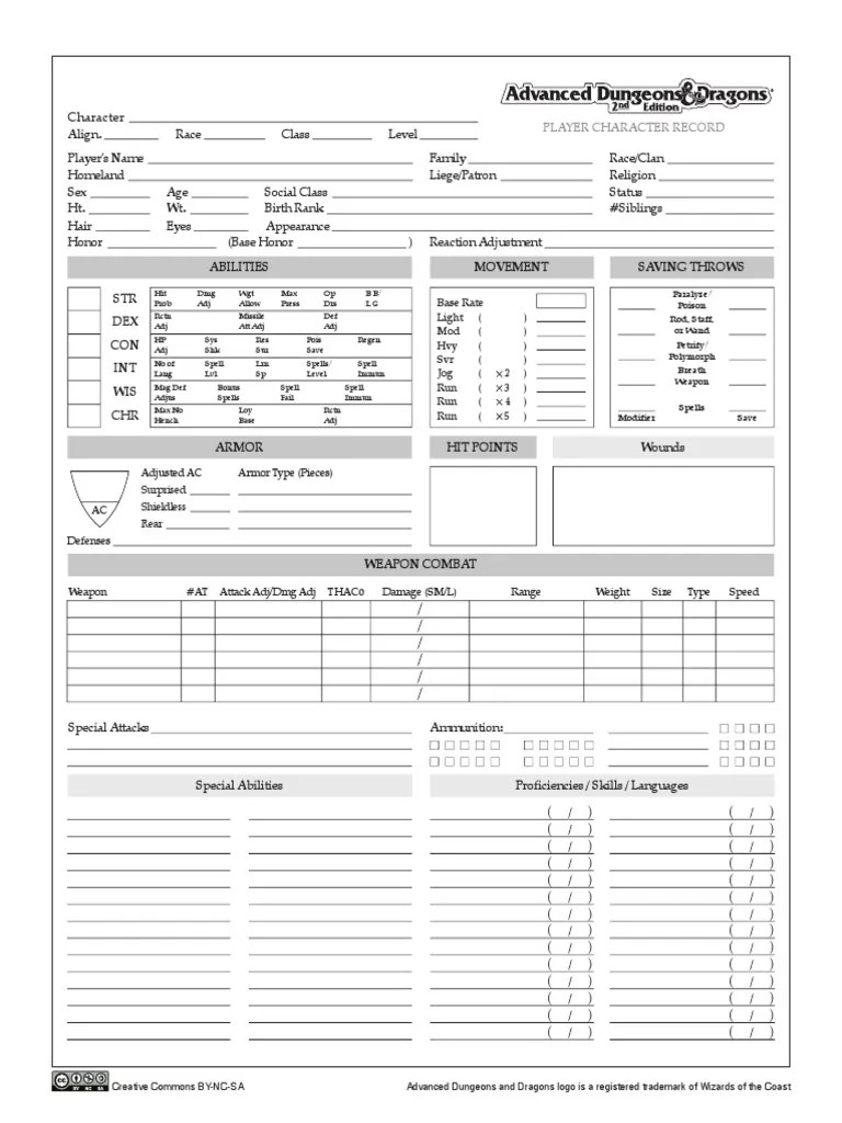 AD&D 2nd Edition Character Sheet | PDF | Role Playing Games | Leisure