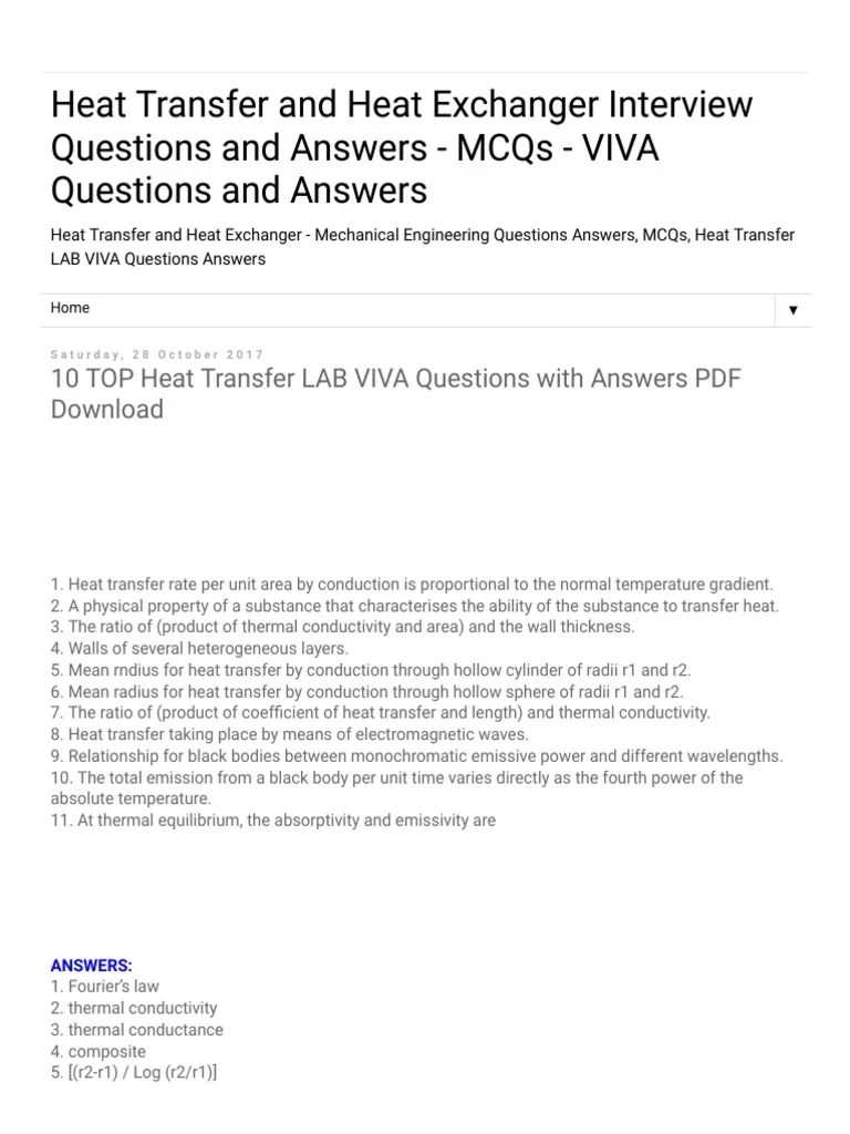 10 TOP Heat Transfer LAB VIVA Questions With Answers PDF Download PDF
