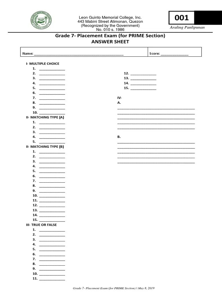 AP Answer Sheet PDF Student Assessment And Evaluation Vocational