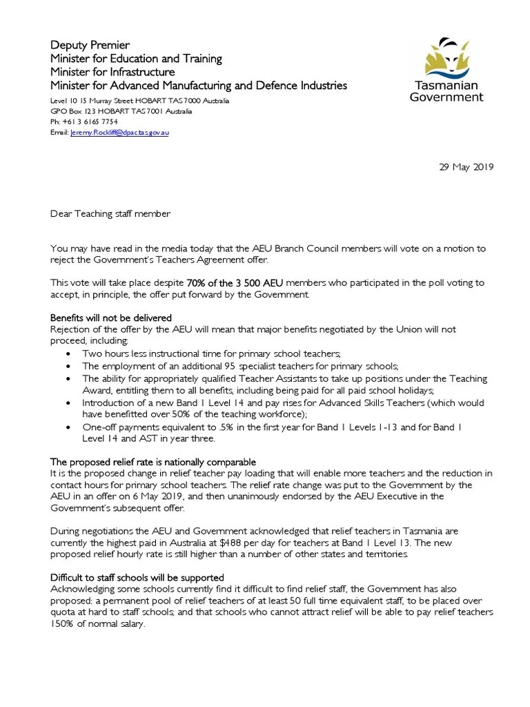 LETTER to Department of Education Staff From Minister for Education and