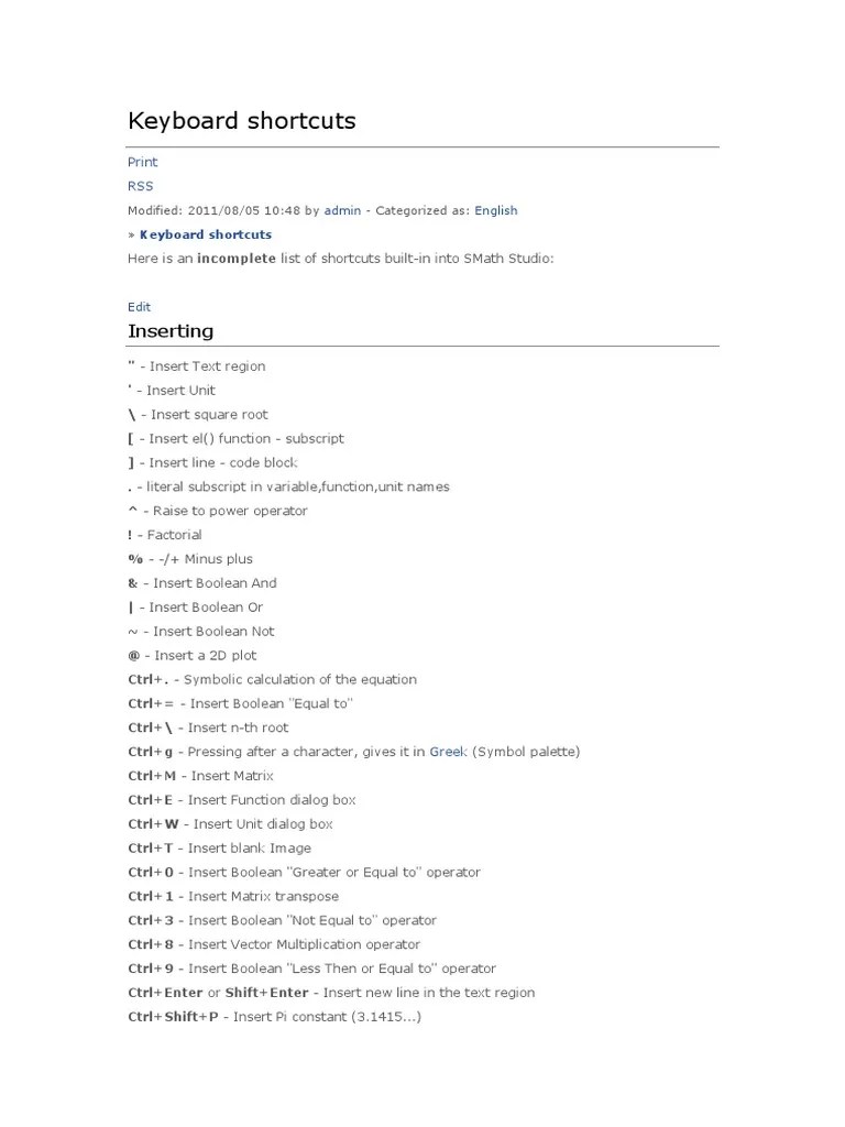 Smath Studio Keyboard Shortcuts PDF