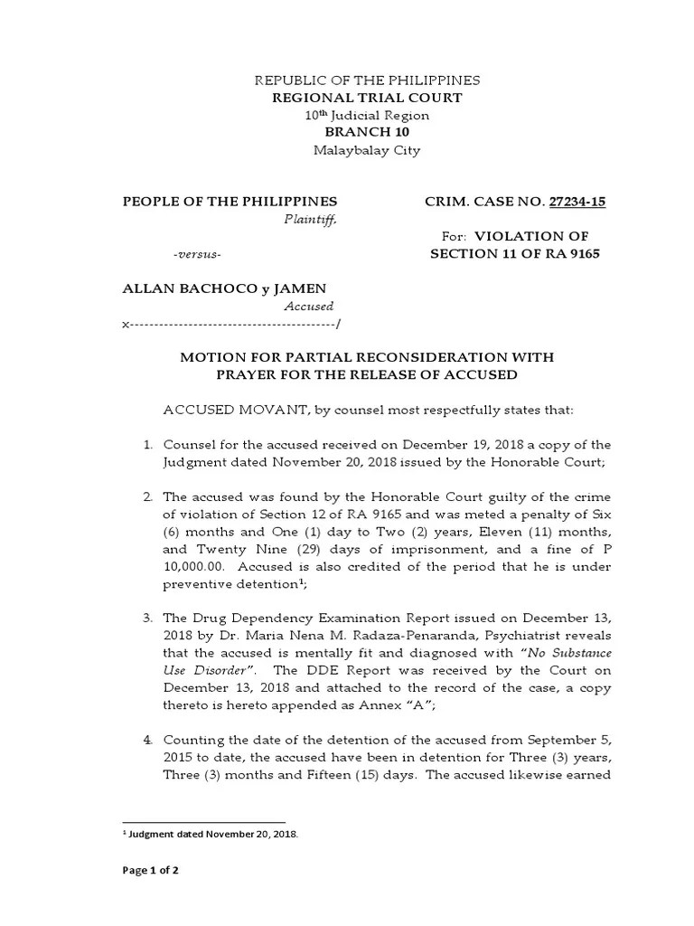 Motion for Partial Reconsideration of Conviction and Sentence and