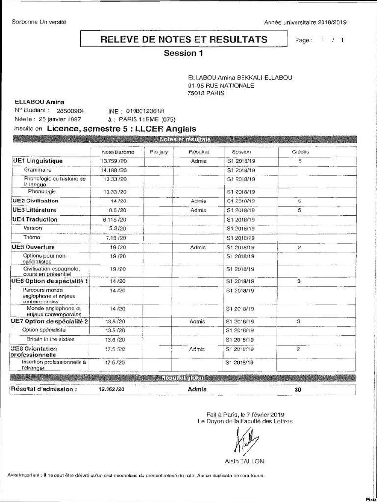 Releve de Notes Master PDF Langue anglaise Linguistique