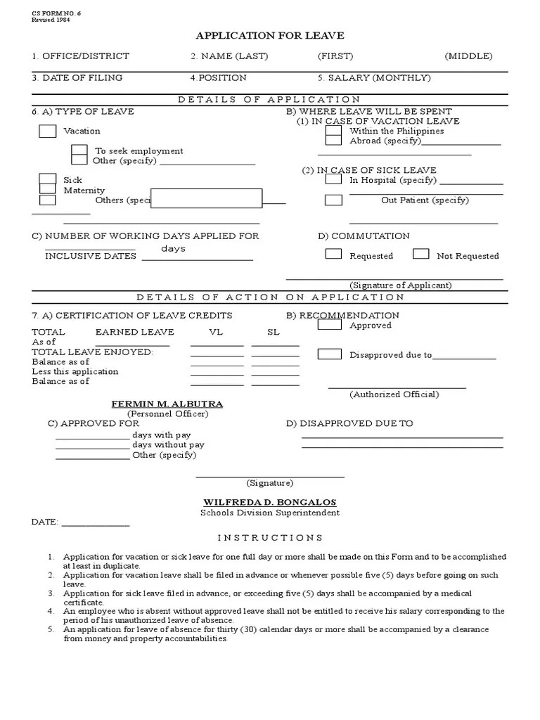 CSC Form 6 Leave Application Form PDF Leave Of Absence Sick Leave