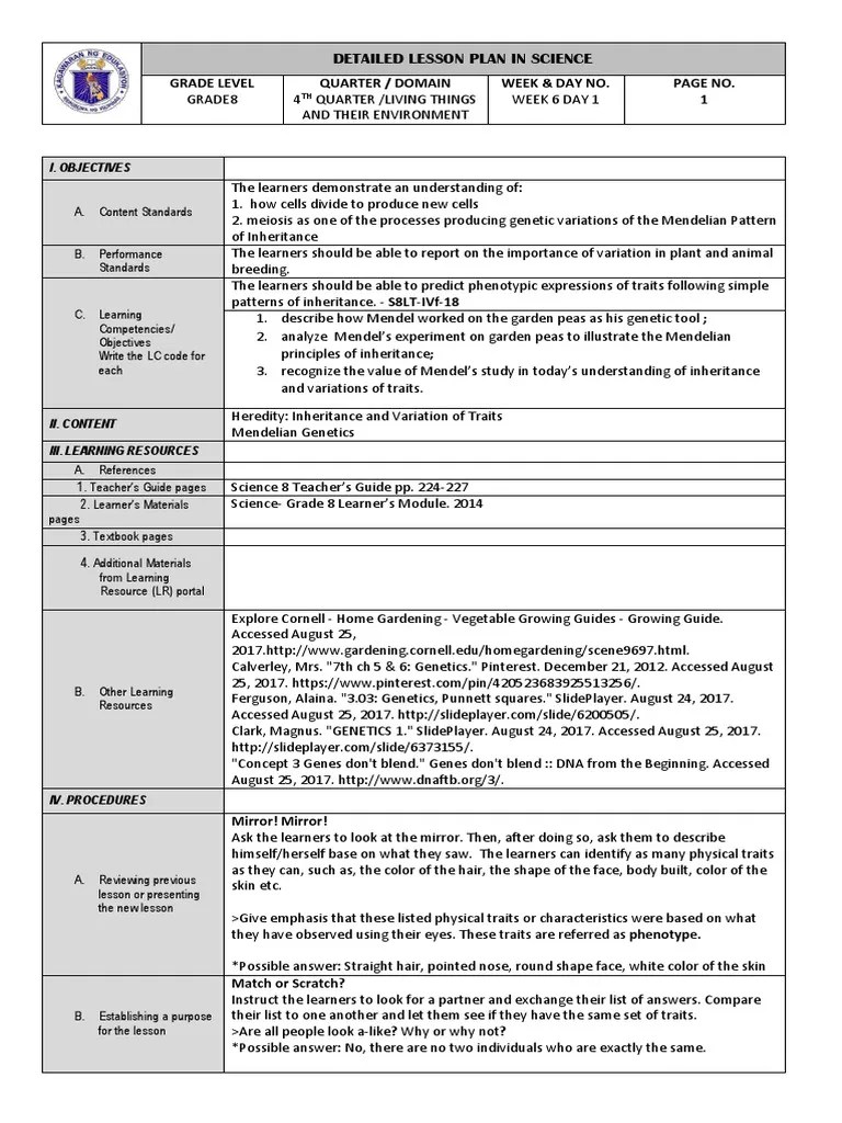 detailed lesson plan in science 8 Heredity