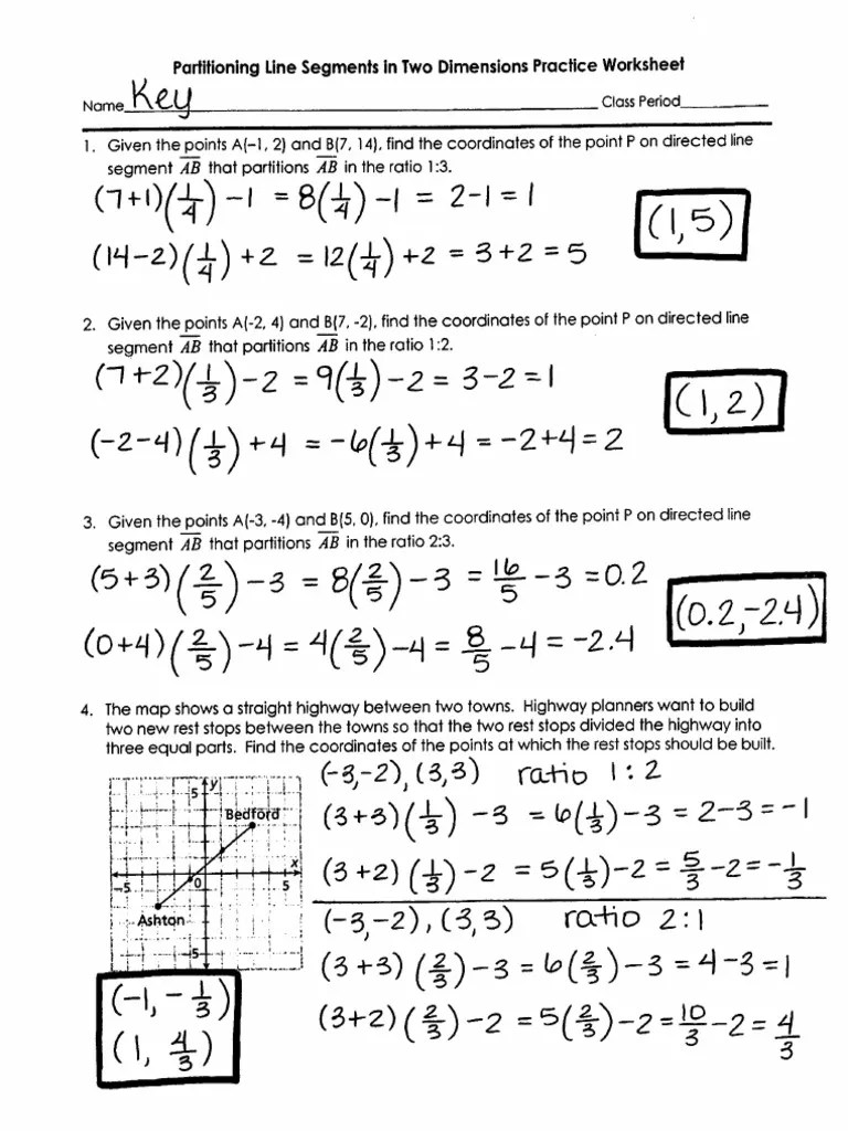 Partitioning Line Segments In Two Dimensions Practice Worksheet