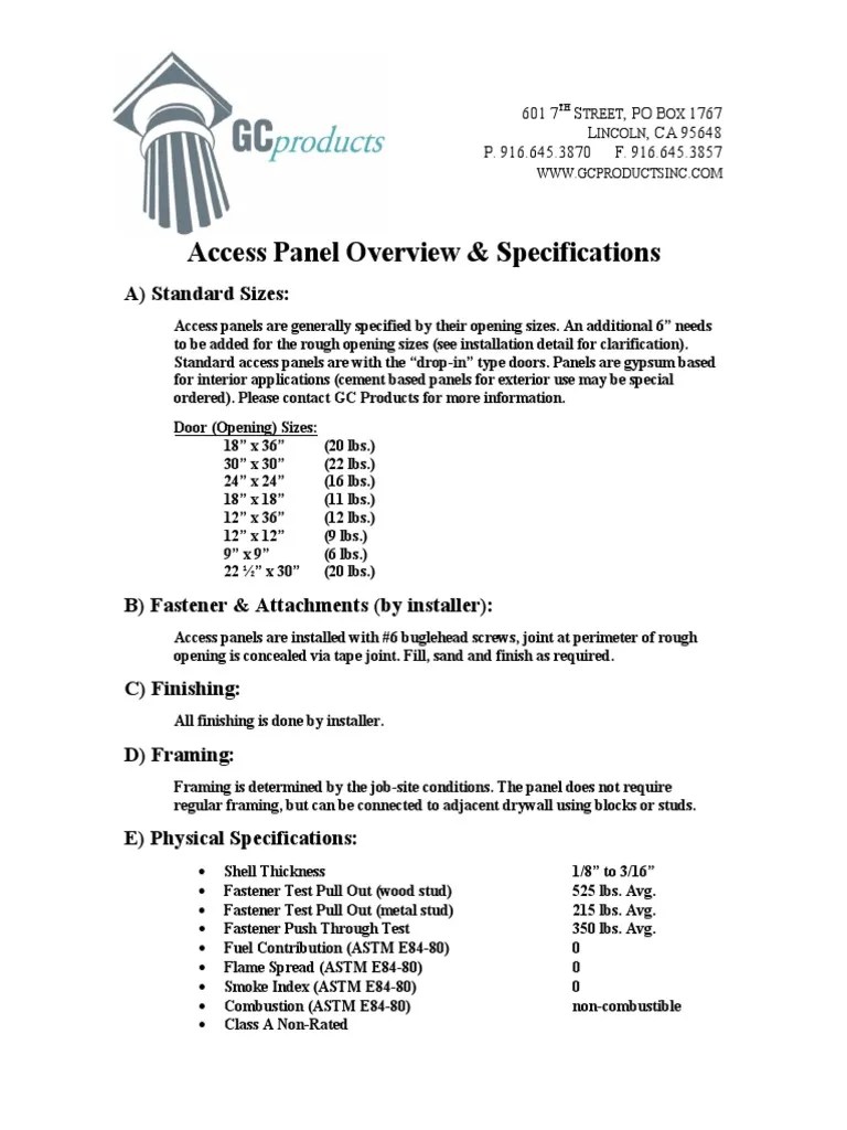 Access Panel Overview and Specifications Standard Sizes, Installation