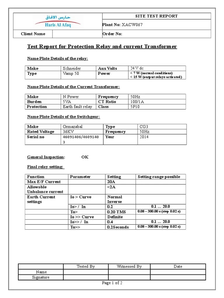CT, Relay Test Report PDF Relay Electricity