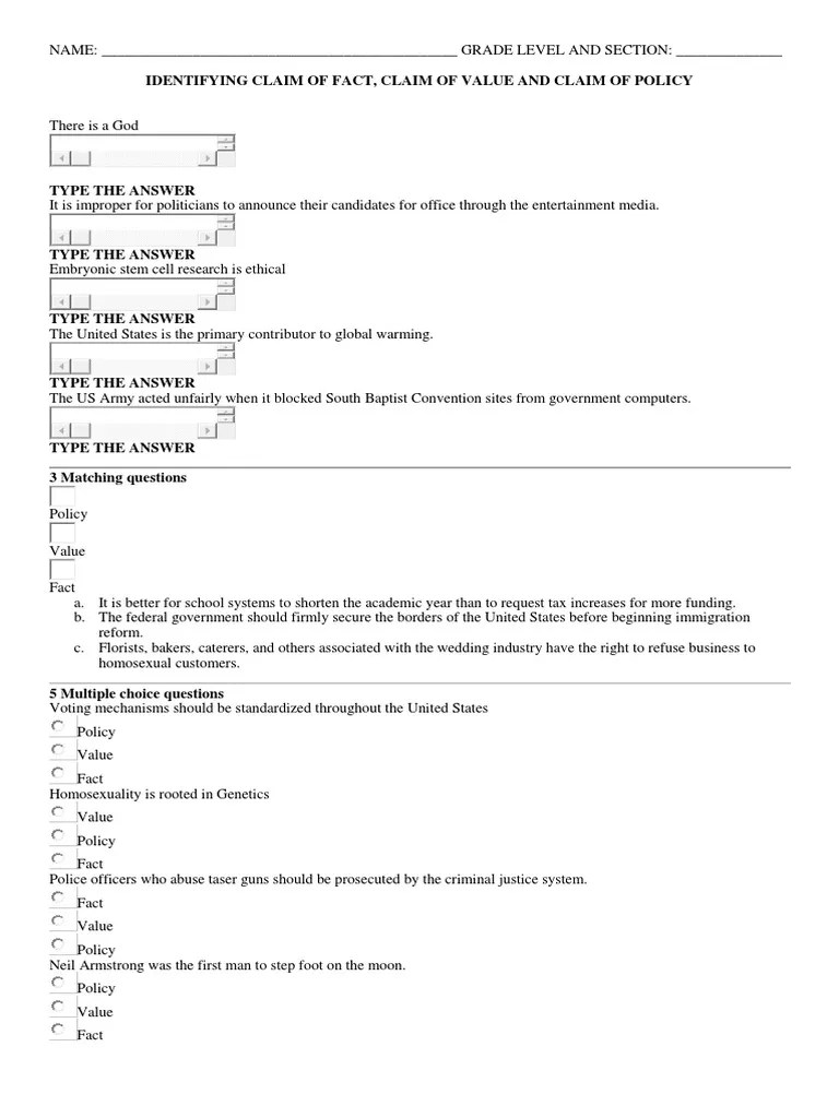 Claim of Fact, Value, Policy | PDF | The United States