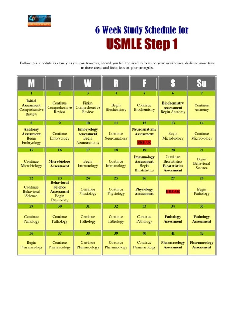 6Week USMLE Step 1 Study Schedule PDF United States Medical