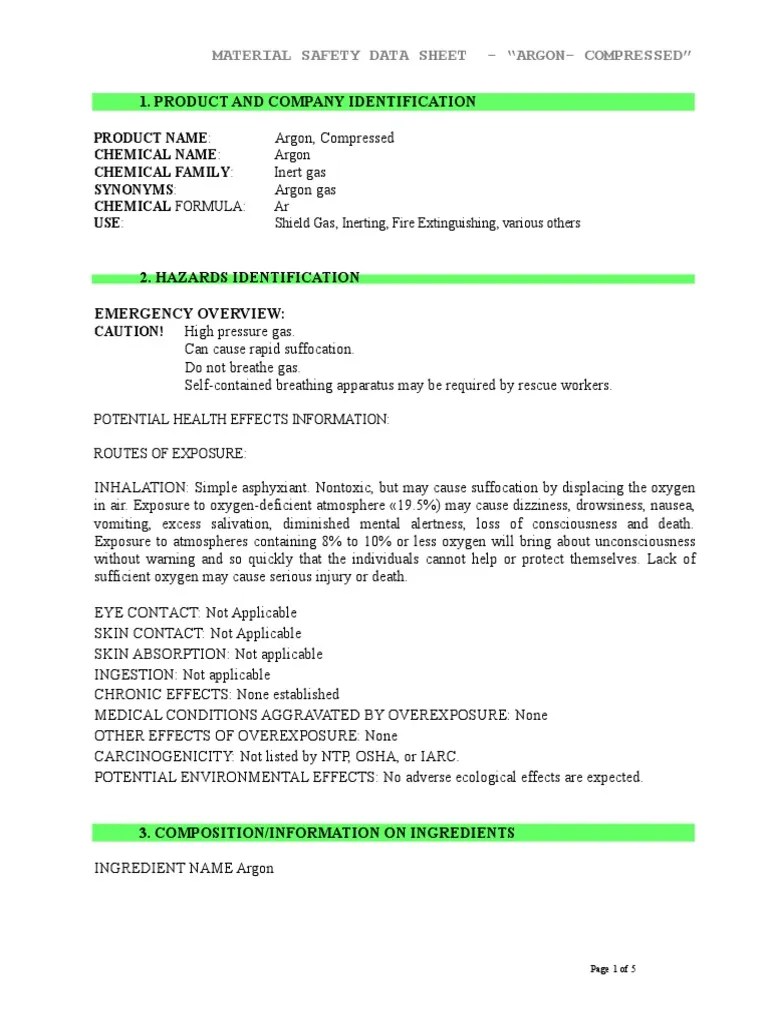 MSDS Argon Compressed Gas PDF Safety Gases