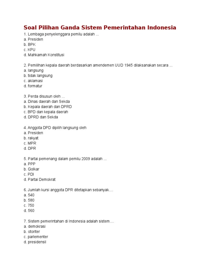 Soal Pilihan Ganda Sistem Pemerintahan Indonesia | PDF