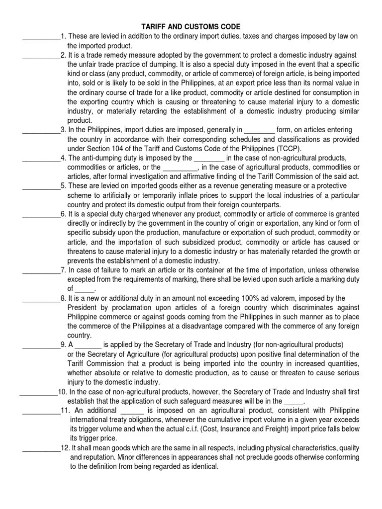Tariff and Customs CodeAnswer PDF Customs Cargo