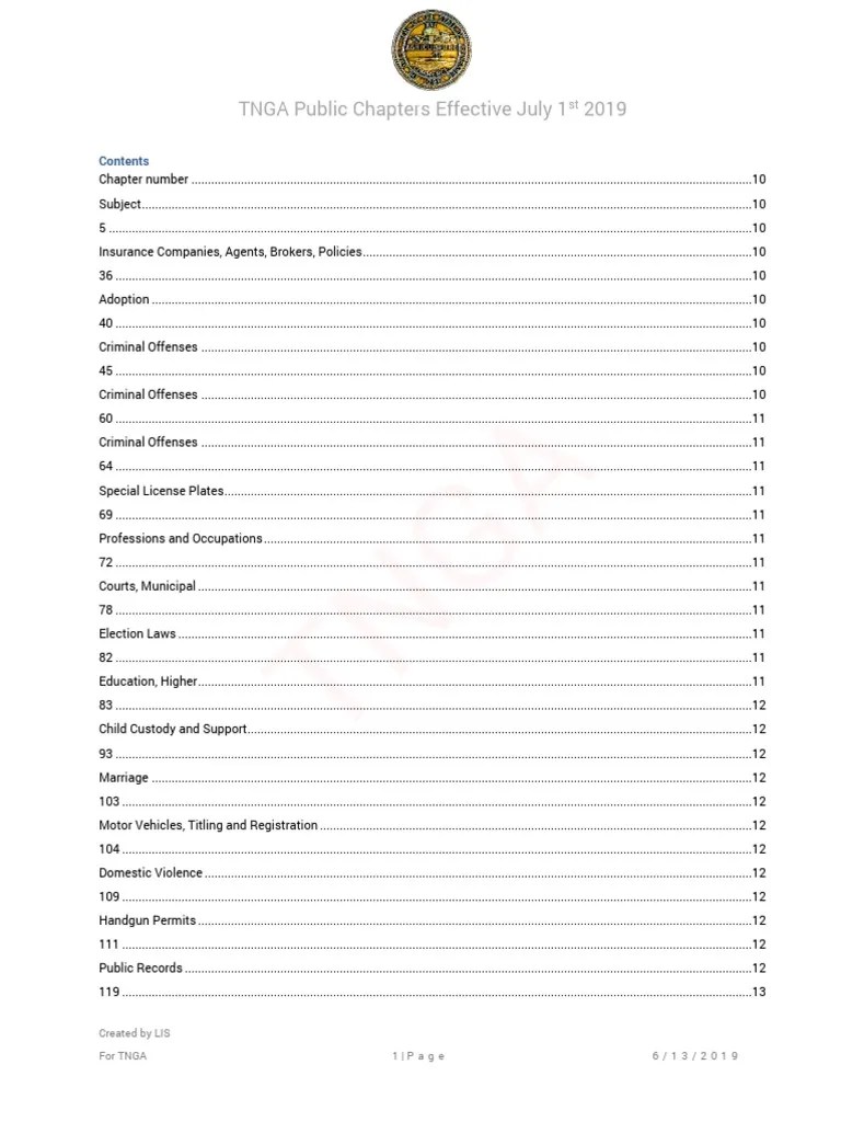 Public Chapters Effective in Tennessee July 1st 2019 Statute Of
