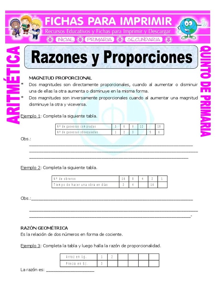 Razones y Proporciones Para Quinto de Primaria Física y matemáticas Matemáticas Prueba