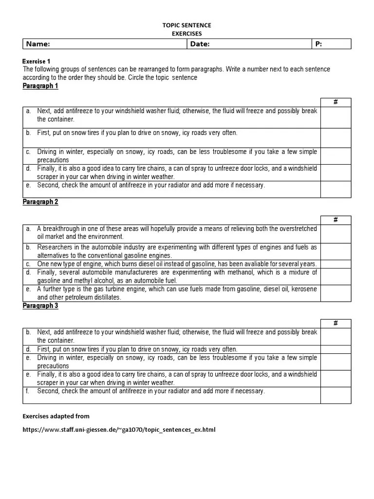 Topic Sentence Exercises 2do Parcial PDF Gasoline Diesel Fuel