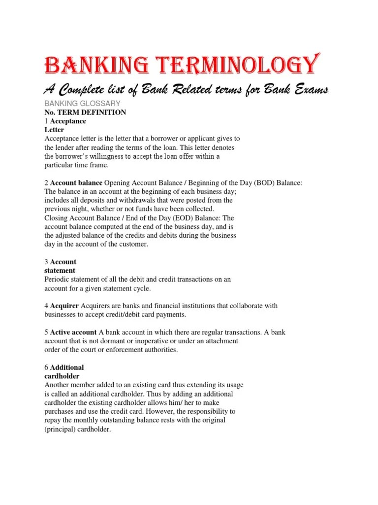 Banking Terminology A Complete List of Bank Related Terms For Bank Exams PDF Credit Card