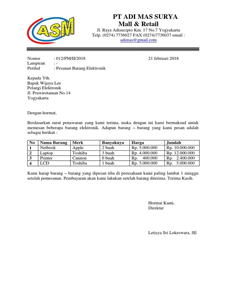 Contoh Surat Order Pembelian - Nusagates