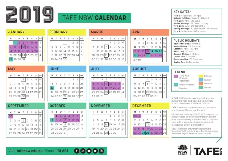 Tafe Nsw Calendar 2019 Academic Term Public Holiday