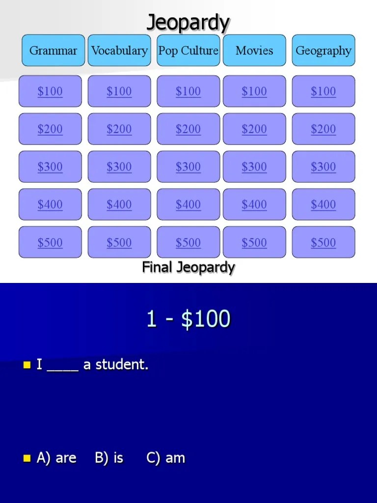 Grammar Vocabulary Pop Culture Movies Geography Final Jeopardy PDF