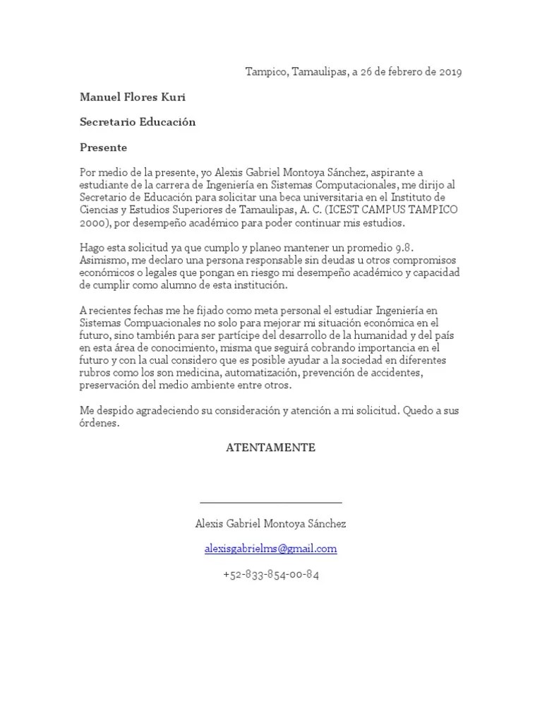 Ejemplo Carta Para Solicitud de Beca Universitaria