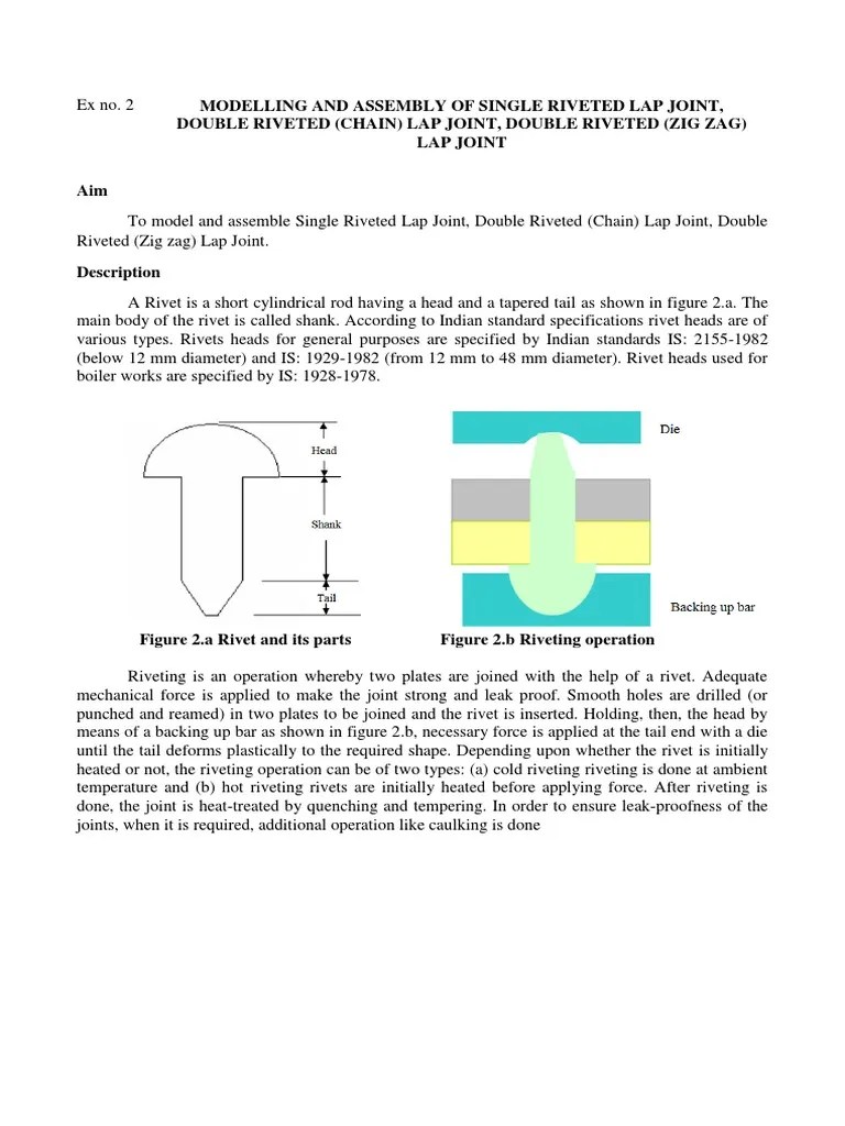 Modeling and Assembly of Single Riveted Lap Joint, Double Riveted Chain