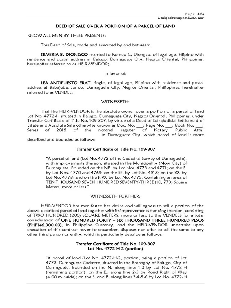 Deed of Sale Over A Portion of A Parcel of Land Erat PDF Land Lot