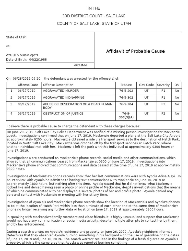 Probably cause statement for arrest of Ayoola Ajayi Dna