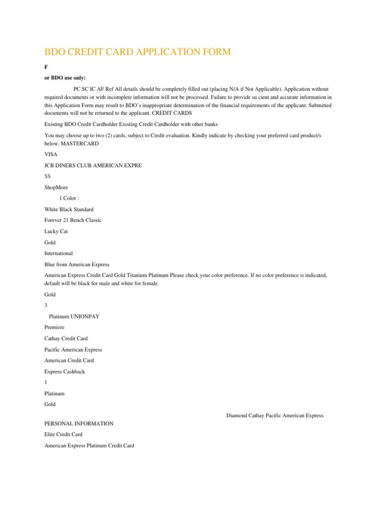BDO Credit Card Application Form PDF PDF Visa Inc. Credit Card