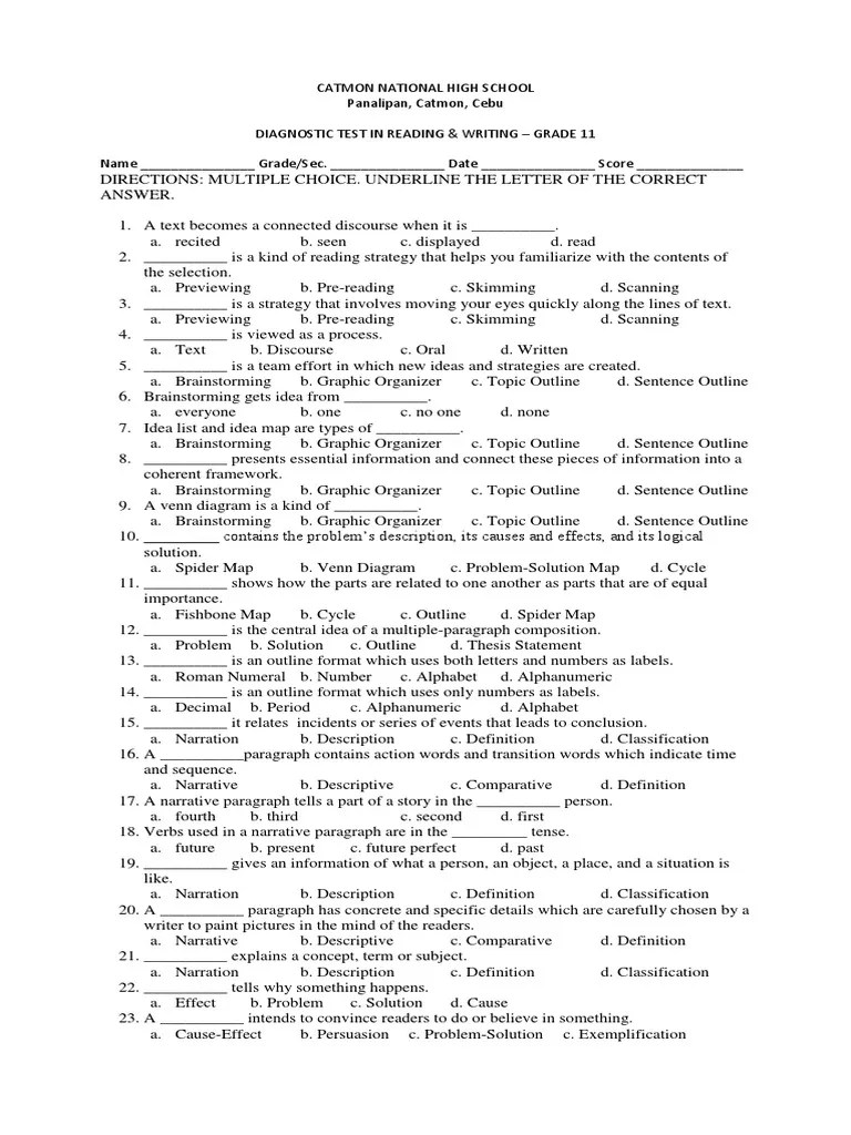 Diagnostic Test in Reading & Writing PDF Speed Reading Narration