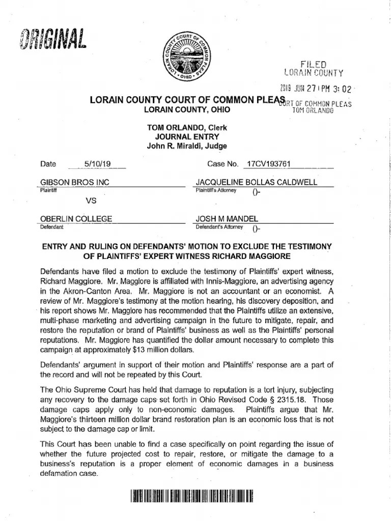 Gibson's Bakery v. Oberlin College Order Precluding Plaintiffs Expert